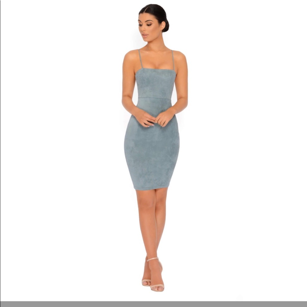 SUEDE STRAPPY KNEE LENGTH DRESS IN TEAL OH POLLY